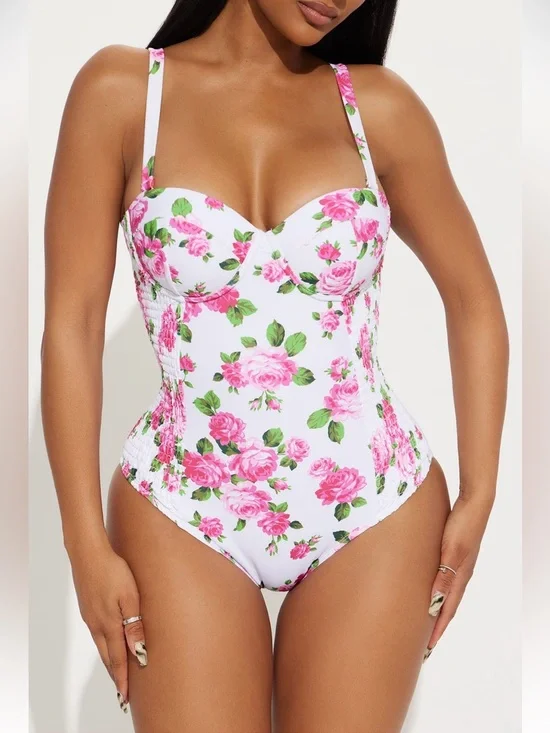 Fashion Nova White Floral One-Piece Swimsuit with Pink Roses SOLD OUT on FN! - Picture 3 of 5